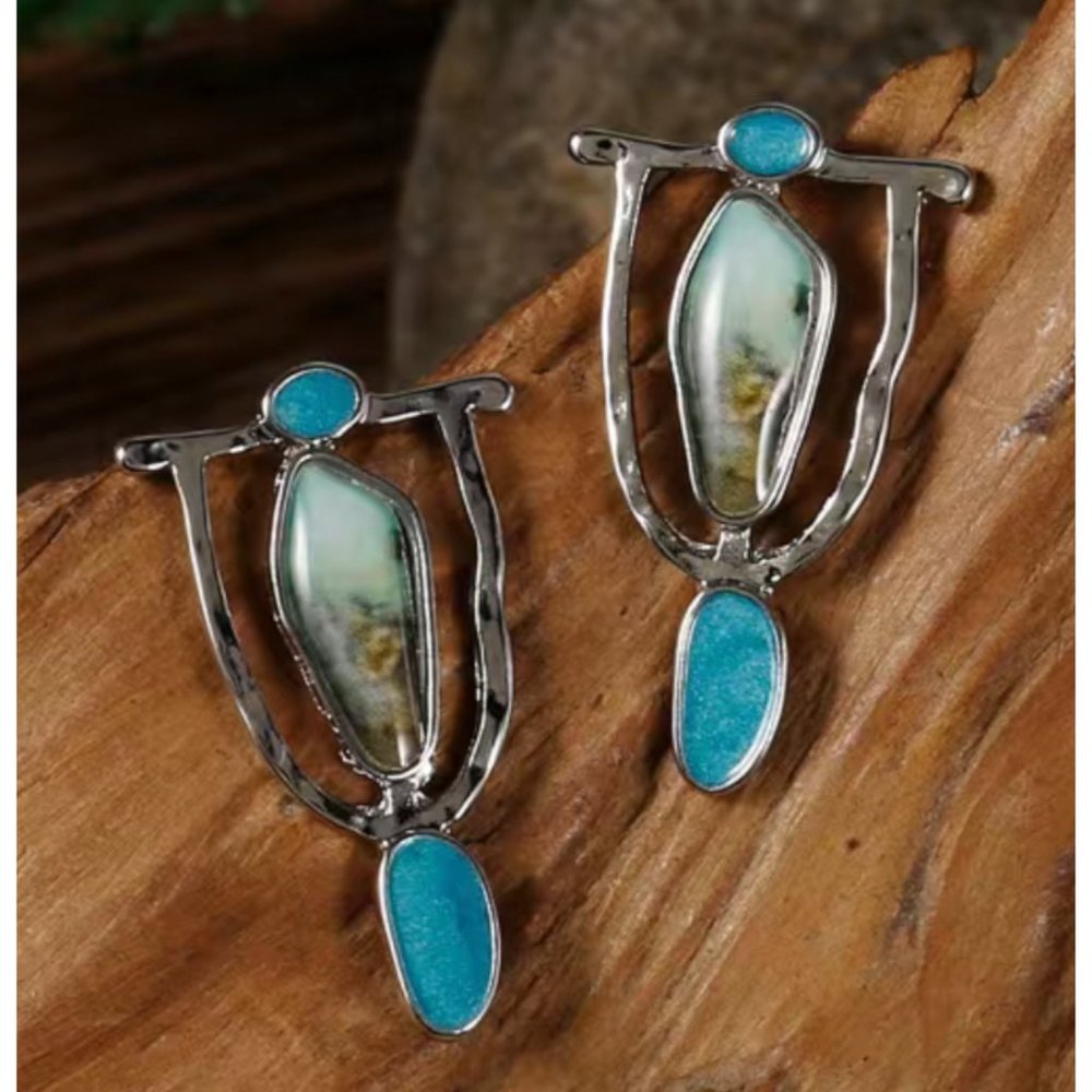 "Kiowa Tribal" Aqua Green Stone Dangle Earrings